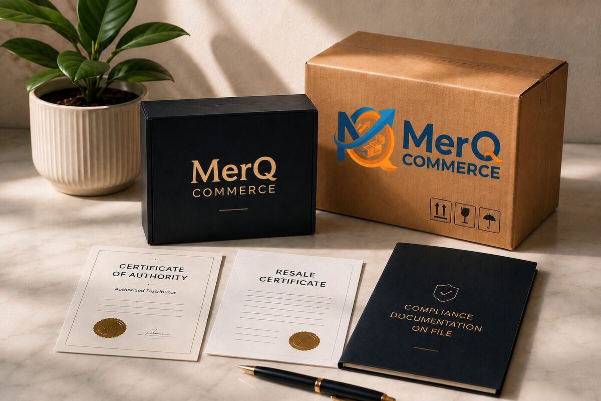 MerQ Commerce branded shipping cartons beside a Certificate of Authority, resale certificate, and compliance documentation folder.